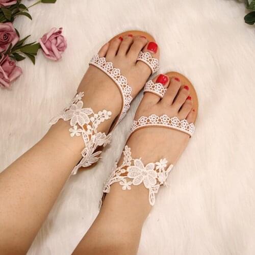 Flower Flat Sandals Woman Lace Sandals White Bridal Peed Toe Summer Shoe Beach Ladies Outdoor Sandals