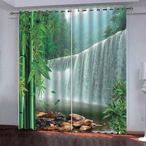 3D Natural waterfall beauty bamboo Blackout Curtain For Living Room Landscape Bedroom Window Curtains popular silk curtain