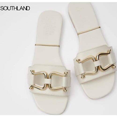 SOUTHLAND 2020 new womens shoes Metal jewelry design cow leather Flat sandals woman Summer slippers