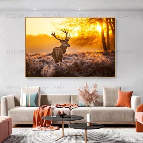 Modern Wall Art Canvas Painting Deer In The Sunset Landscape Poster HD Print Animal Pictures for Living Room Decoration Cuadros