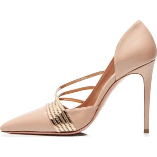 Patent Leather Thin Heels Office Women Shoes Gold Strap Pumps High Heels Shoes Womens Pointed Toe Slip On Big Size 34 45