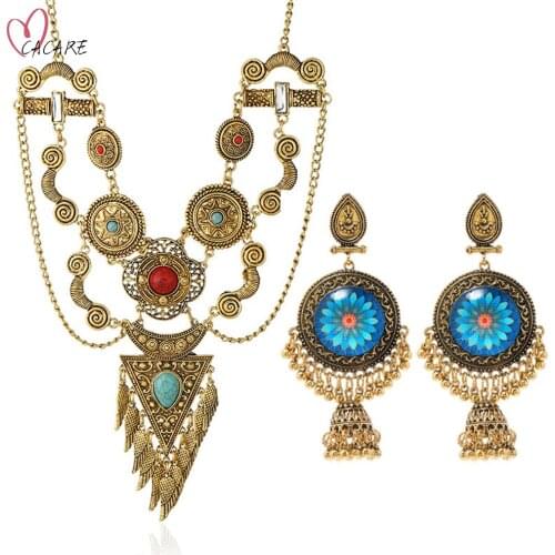 Vintage Jewelry Sets European Fashion Retro Necklace Earring Gold Set Dubai Jewelry Indian F1194 Hollow Outs CACARE