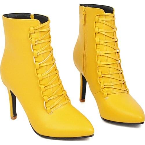 Fashion Ankle Boots High Heels Sexy Pointed Toe Women Pumps Fashion PU Leather Boots 2019 Autumn Woman Shoes Black White yellow