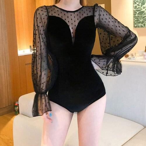 2021 New Long Sleeve One Piece Swimsuit Women Swimwear Dot Lace Monokini Push Up Swim Suit Retro Korea Bathing Suit