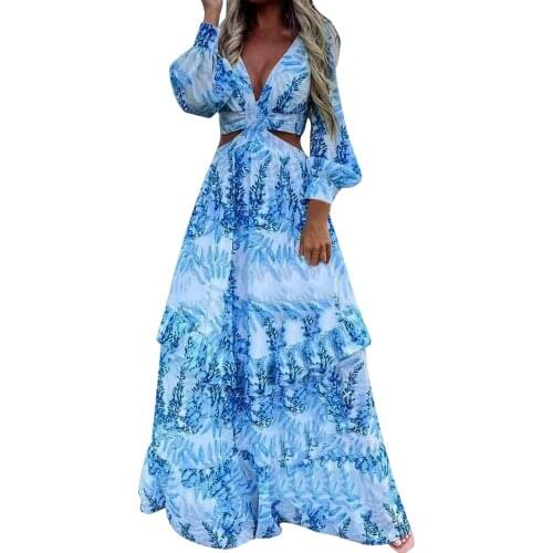 Women bohemia Print Maxi Long Dress Sexy Wedding Prom Hollow Out Long sleeve Dresses Temperament Deep V-Neck A-LINE Robe Vestido