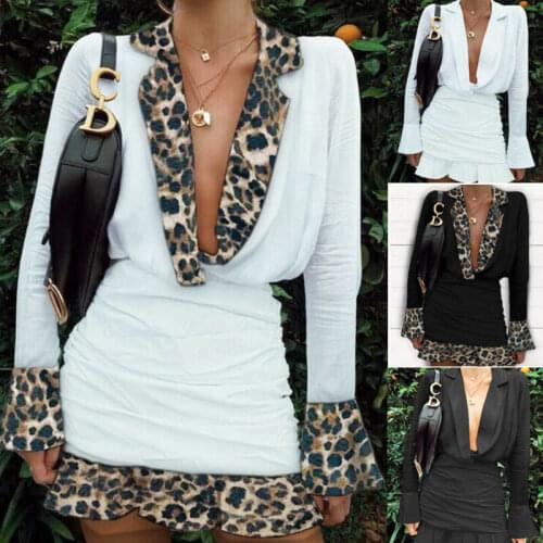 Sexy Bandage Autumn Women Bodycon Pencil Dress 2019 Women Deep V Lapel Long Sleeve Ruffle Cuff Ladies Leopard Mini Formal Dress