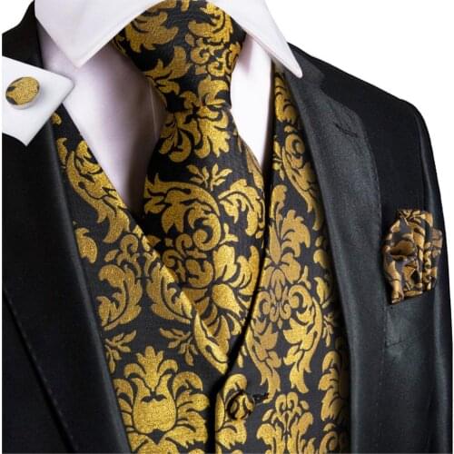 Vest for Men Gold Suit Vest Floral Waistcoat Summer Vest Tuxedo Paisley Tie Set Cufflinks for Wedding Business Hi-Tie WJ-0008