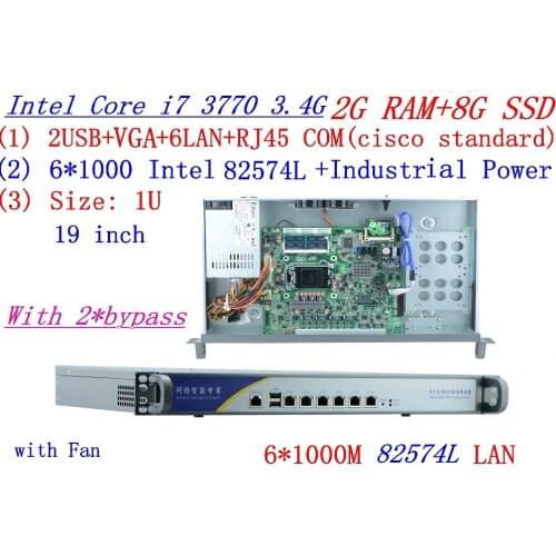 1U firewall server 2*bypass 2G RAM 8G SSD with 6*1000M 82574L Gigabit core i7 3770 3.4G support ROS Mikrotik Panabit Wayos etc