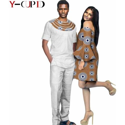 African Clothes for Couples Fashion Women Wax Print Dresses Matching Men Outfits Bazin Riche Top and Pants 2 Pieces Sets Y21C009