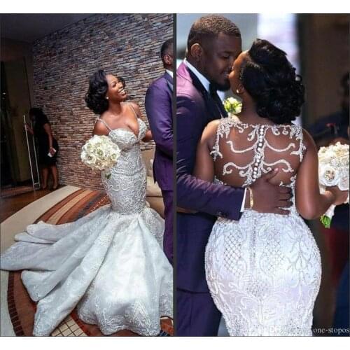 African Arabic Crystals Mermaid Wedding Dresses Sexy Straps Spaghetti Lace Applique Sheer Back Plus Size Bridal Gowns Vestidos