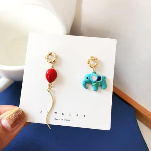 S925 Needle Funny cartoon funny little elephant fresh girl balloon personality asymmetric earrings