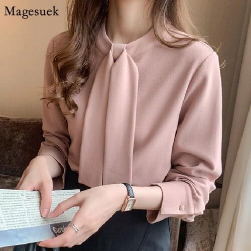 New Spring Loose Slim Long Sleeve Chiffon Shirts Women Pink Office Lady Style Women Tops and Blouses with Tie Blusas Mujer 13047