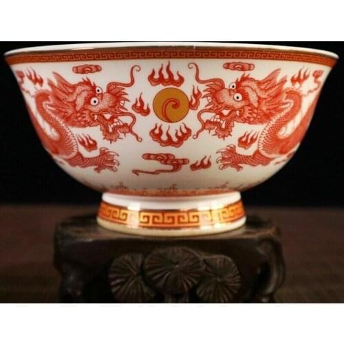 Chinese old porcelain Large bowl with gold pattern and red double dragon bowl