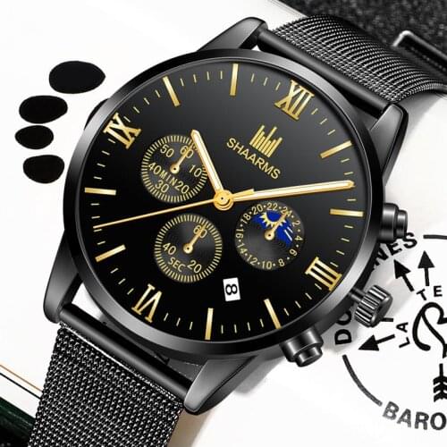 Hot Mens Fashion Moon Phase Decoration Luxury Watch Ultra Thin Stainless Steel Mesh Belt Casual Quartz Watches Men Wristwatch