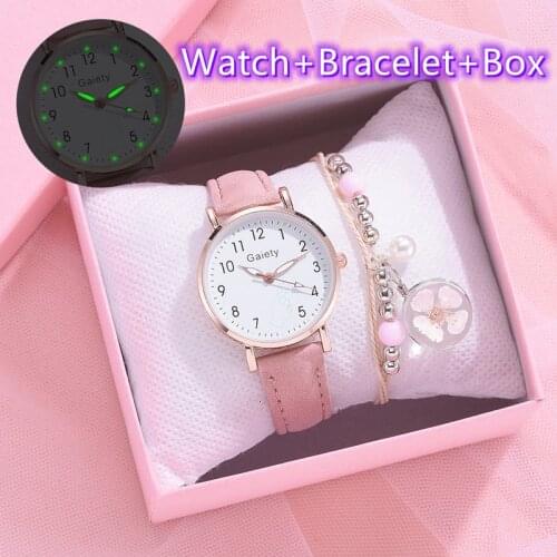 2021 Fashion Luminous Numbers Children Watches Quartz Childrens Leather Strap Kids Girl Watch Bracelet And Box Set Gift Clock