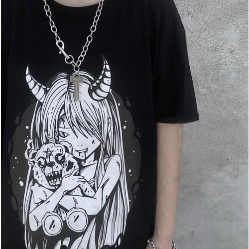 Punk Gothic women T-shirts Loose Streetwear Harajuku satan Cartoon girl demon Print Summer fun Casual Aesthetic Japan cute Tops