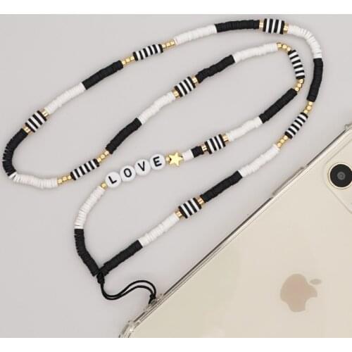 Go2Boho Mobile Strap LOVE Heishi Beaded Chain For Phone Long Necklace Black&White Polymer Clay Beads Telephone Lanyard Jewelry