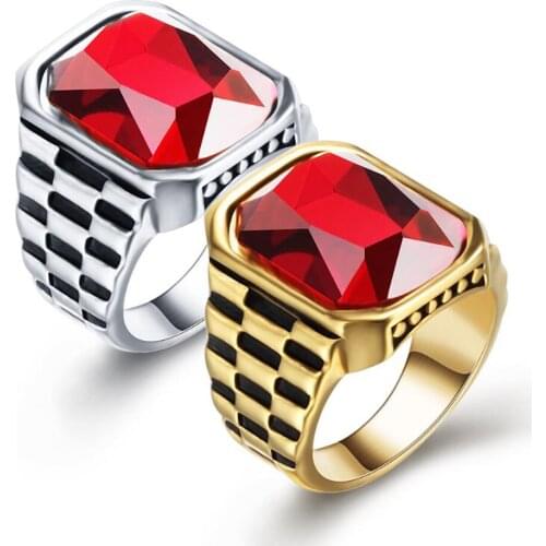 Stainless Steel Gold Red Stone Men Ring Jewelry Gift Punk Rock Mens Simple Finger Rings Jewellery Gift For Him Size 7-12
