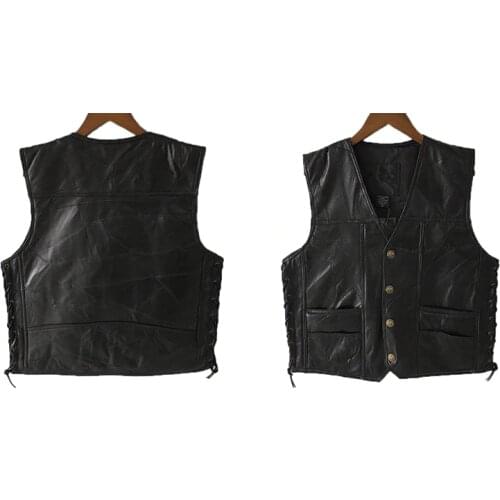 Black Leather Motorcycle Vest For Men Genuine Leather Punk Biker Vest Lace Button Autumn Sleeveless Jacket For Men