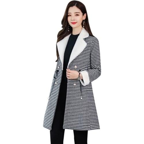 Autumn Winter Jacket New Fashion Plaid Woolen Coat Women Clothes Korean Slim Large Size Elegant Outerwear Women Basic Coats Y215