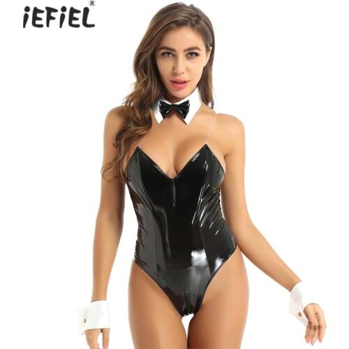 Naughty Lingerie Womens Bunny Girl Role Play Costumes Latex Catsuit Exotic Sets Clear Shoulder Straps Backless Leather Bodysuit