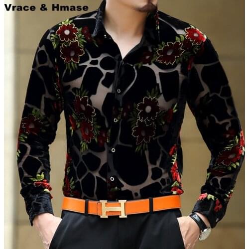 Very good quality Floral print high-grade silk long-sleeved shirt 2018 Autumn&Winter new arrival gold velvet men shirt M-XXXL