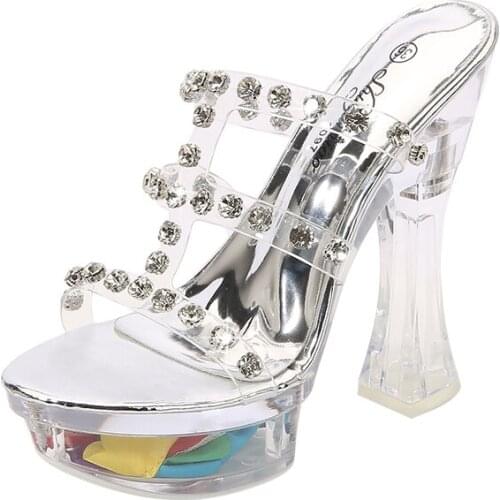Elegant Transparent crystal Woman Sandals 14cm Strange Style Slippers Rivets decoration Platform sandalias Woman Plus:34-42 43