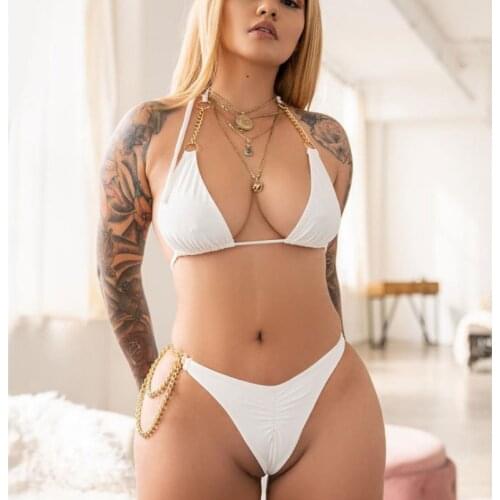 Sexy High Cut Halter Chain Bikini Women Swimwear Female Swimsuit Two-pieces Bikini set Solid Bather Bathing Suit Swim Mujer