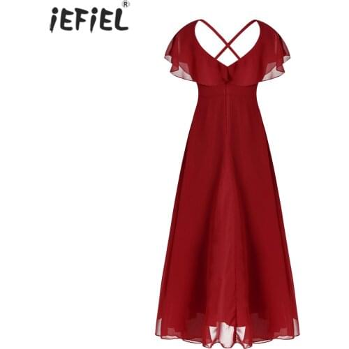 Kid Girls Child Flower Chiffon Tulle Lace Dress Birthday Party and Wedding Bridesmaid V Neck Ruffle Formal Summer Maxi Dress