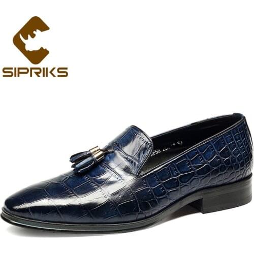 Sipriks Blue Alligator Skin Shoes For Men Slipon Leather Tassels Loafer Breathable Formal Leather Shoes Office Business European