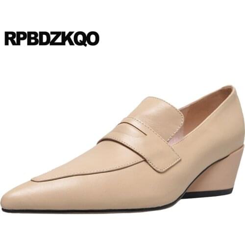 Slip on top quality size 33 italian block genuine leather elegant shoes women runway 4 34 medium heels 2018 classic pointed toe