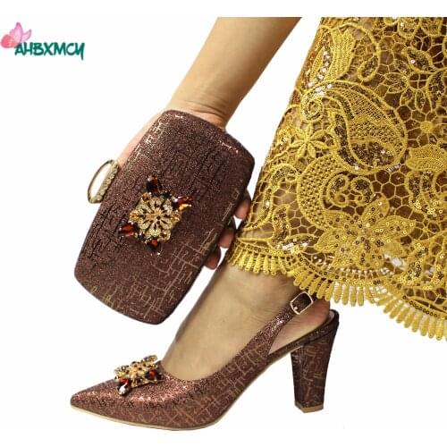 2021 Pretty Women Shoes and Bag Set Deorate with Rhinestone in Coffee Color Pointed Toe Pumps for Garden Party