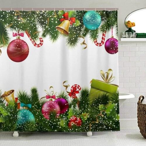Merry Christmas Shower Curtain Colorful Xmas Balls Green Pine Branches Happy New Year Decor Fabric Bathroom Curtains Waterproof