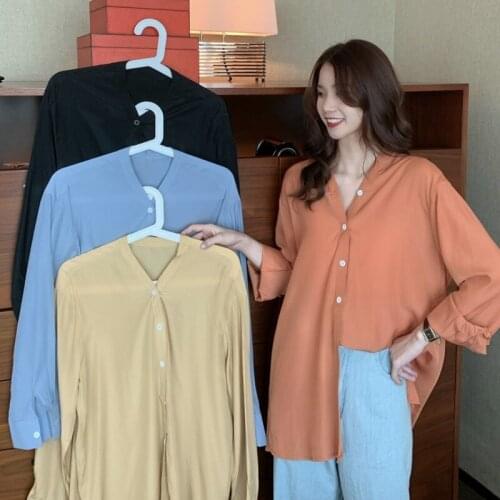 2021 New Women Spring Elegant Vintage V Neck Shirt Coat Single Breasted Blouse Straight Loose Tops