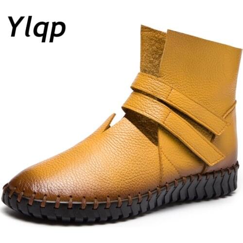 Ylqp New Autumn Winter Vintage Genuine Leather Women Handmade Ankle Boots Leisure Flats Platform Shoes Woman Plus Size 41-43