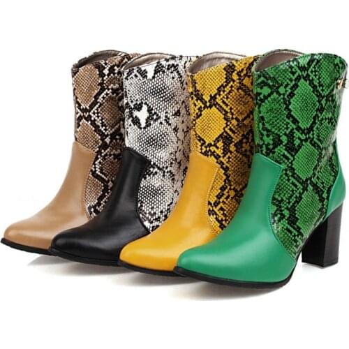 Ladies Mid-Calf Boots Snake Texture Pointy Toe Winter Shoes Mixed Colors Rivets High Heels Bootie With Fur Plus Size 34-43 Green