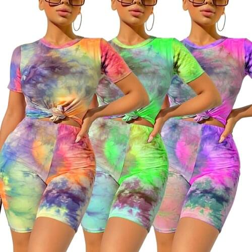3 Styles Women Casual Two Piece Set Ladies Summer Fresh Tie-dye Print Short-sleeved Tops+Elastic Tight Shorts Exercise Sets