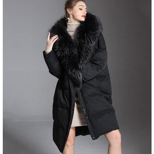 Jackets Down Long Big Raccoon Fur Womens Winter Jackets Female Luxurious Thicken Duck Down Outerwear Medium Length Parkas Lady