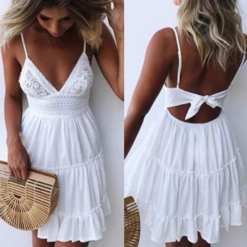 2021 Summer Fashion Women Lace Bowknot Dress Sexy Backless V-neck Beach Dresses Sleeveless Strap Solid Women Casual Sundress
