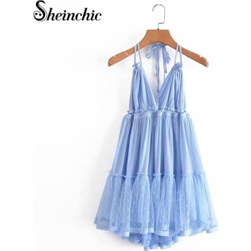 Women Sexy Spaghetti Strap Backless Summer Dress 2021 Elegant Ruffles Mesh Patchwork Mini Dresses Boho Robe Femme