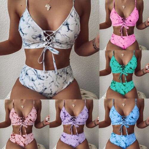 2021 Summer Womens Hot Youth Sexy Ink Printing Bikini Lace Up Elastic Split Swimsuit