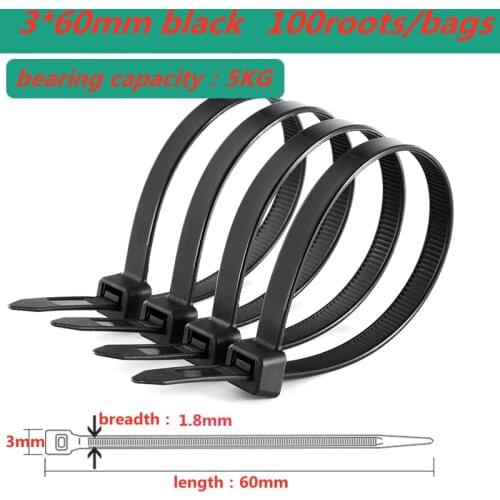 3*60/3*80/3*100/3*120/3*200 self-locking nylon plastic cable tie 100pcs/bag black zipper cable tie clamping ring 1.9mmwidth