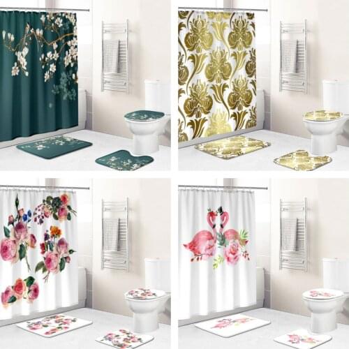 3D Printing Plant Flower Pattern Waterproof Fabric Bathroom Accessories Shower Curtain 4-piece Set of Non Slip Carpet Bath Mat