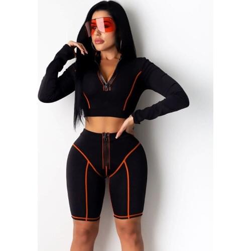 Fitness 2 Piece Set Tracksuit Women Long Sleeve Zipper Crop Top and Biker Shorts Set Workout Sporty Active Wear Matching Sets