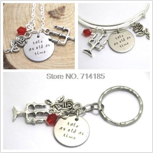 Beauty and the Beast Necklace Belle Tale As Old As Time. Inspired rose charm Neckace silver tone bangle keyring keychain