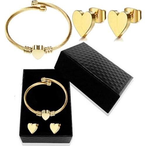 Trendy Jewelry Gold Silver 316L Stainless Steel Bracelets Bangles Earring Jewelry Set For Women Girl Gift
