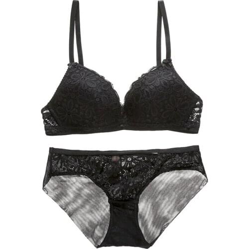 Fashion Sexy Thin Lace No Steel Ring Cotton Cup Bow Gathered Bra + Underwear Set