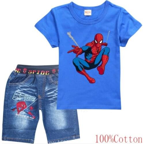 Disney 2021 new spider-man comic male childrens clothing embroidery jeans + cotton short sleeve T-shirt boys suit