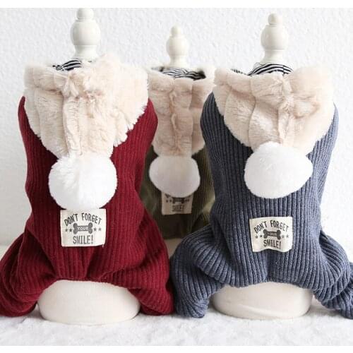 Autumn and Winter New Dog Clothes with Big Hat Four-legged Blue Red Green Colors Xs-xl Sizes Warm Dog Jumpsuits Ubranka Dla Psa