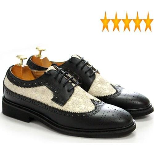 Spliced Italian Designer Men Embroidery Dress Wing Tip Brogue Wedding Office Party Lace Up Genuine Leather Formal Shoes